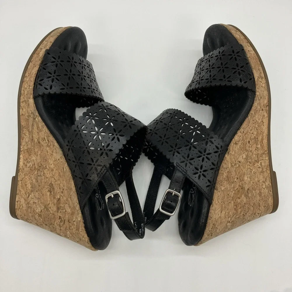Walking Cradles Sandals 9 W Black Leather Cork Wedge Slingback Shoes Ankle Strap